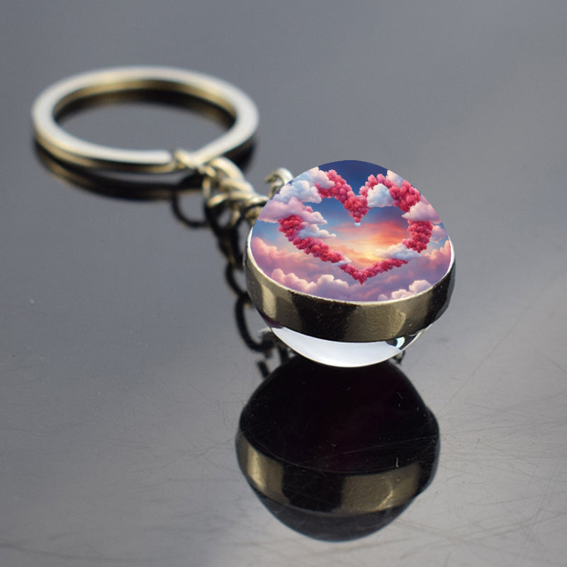 Unique Pink Heart Shape Clouds Keyring - Dreamy Sky Cotton Candy Cloud Jewelry - Double Side Glass Ball Key Chain - Perfect Aurora Lovers Gift 2