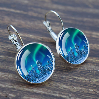 Luminous Aurora Borealis Hook Earrings - Northern Lights Jewelry - Unique Glass Cabochon Drop Earrings - Perfect Aurora Lovers Gift