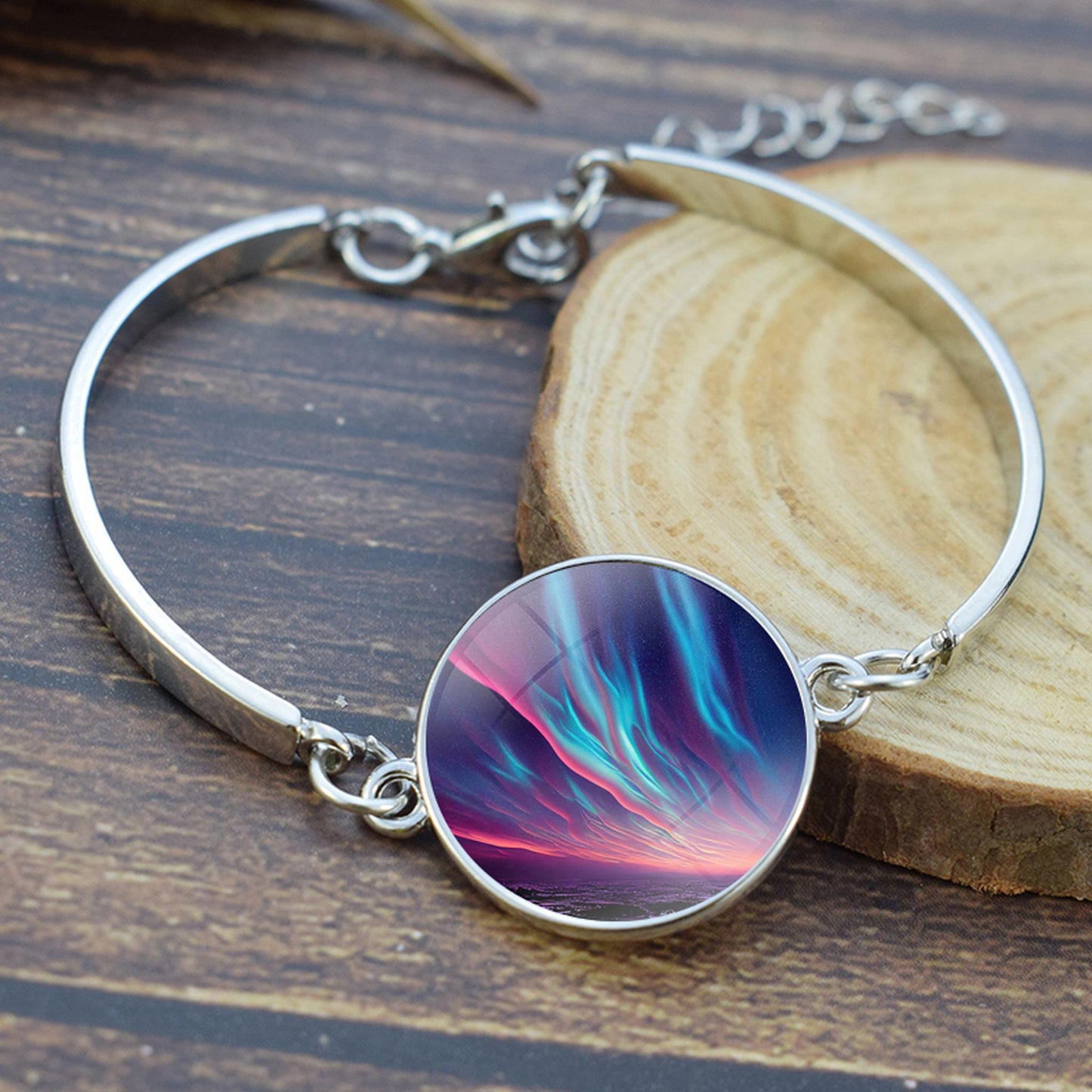 Luminous Aurora Borealis Bangle Bracelet - Northern Light Jewelry - Unique Glass Cabochon Silver Plated Bracelet - Perfect Aurora Lovers Gift