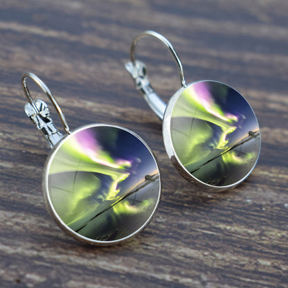 Luminous Aurora Borealis Hook Earrings - Northern Lights Jewelry - Unique Glass Cabochon Drop Earrings - Perfect Aurora Lovers Gift