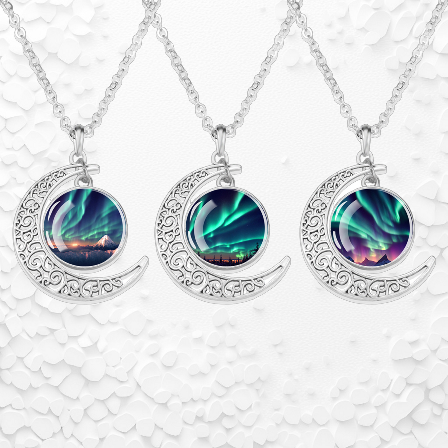 Collier lumineux Aurora Borealis Crescent - Bijoux Northern Light - Collier pendentif cabochon en verre croissant unique - Cadeau parfait pour les amoureux des aurores boréales 