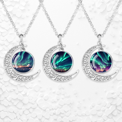 Luminous Aurora Borealis Crescent Necklace- Northern Light Jewelry - Unique Crescent Glass Cabochon Pendent Necklace - Perfect Aurora Lovers Gift