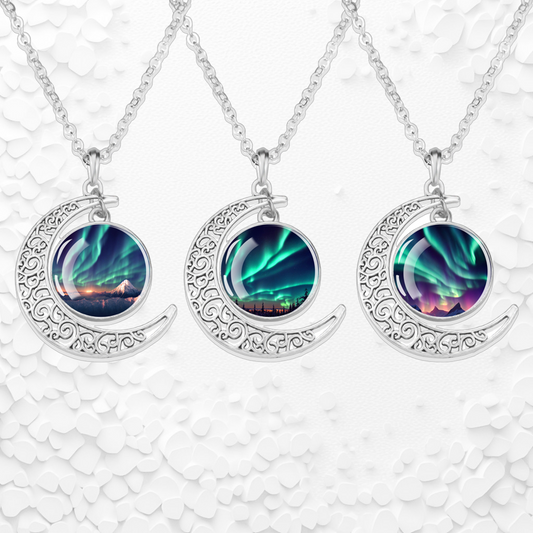 Collier lumineux Aurora Borealis Crescent - Bijoux Northern Light - Collier pendentif cabochon en verre croissant unique - Cadeau parfait pour les amoureux des aurores boréales 