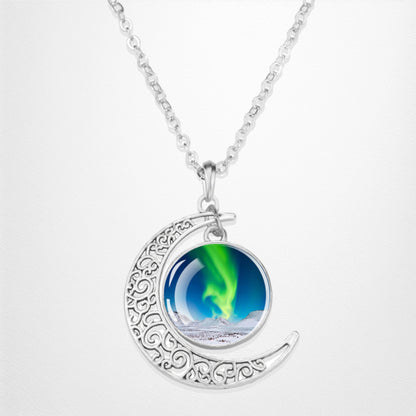 Luminous Aurora Borealis Crescent Necklace- Northern Light Jewelry - Unique Crescent Glass Cabochon Pendent Necklace - Perfect Aurora Lovers Gift