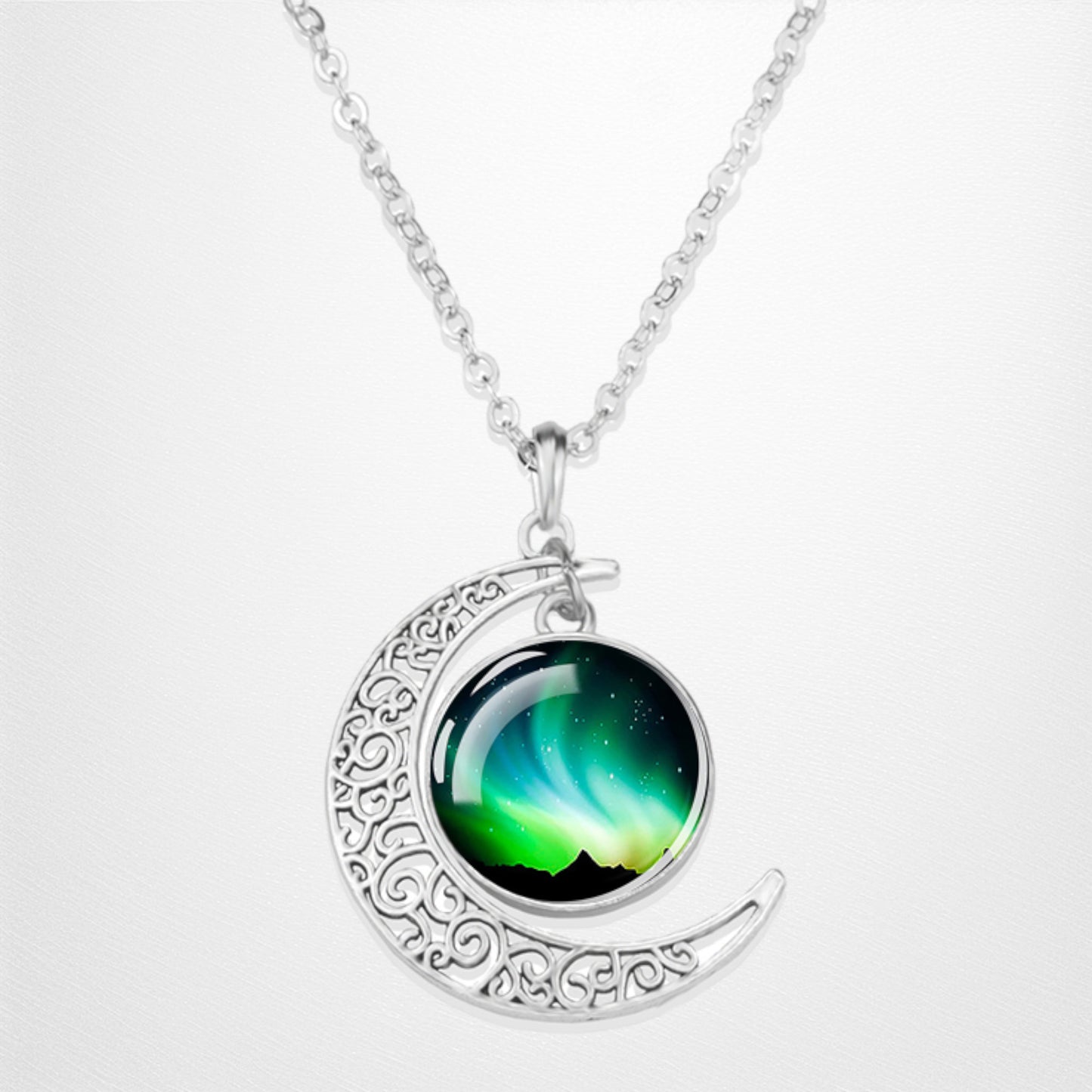 Luminous Aurora Borealis Crescent Necklace- Northern Light Jewelry - Unique Crescent Glass Cabochon Pendent Necklace - Perfect Aurora Lovers Gift