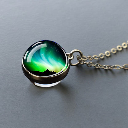 Luminous Aurora Borealis Silver Necklace- Northern Light Jewelry - Unique Double Side Glass Ball Pendent Necklace - Perfect Aurora Lovers Gift