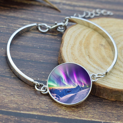 Luminous Aurora Borealis Bangle Bransoletka-Biżuteria zorzy polarnej-Unikalna szklana kaboszonowa posrebrzana bransoletka-Idealny prezent dla miłośników Aurory