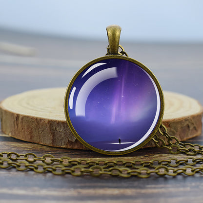 Luminous Aurora Borealis Bronze Necklace - Northern Light Jewelry - Unique Glass Dome Pendent Necklace - Perfect Aurora Lovers Gift