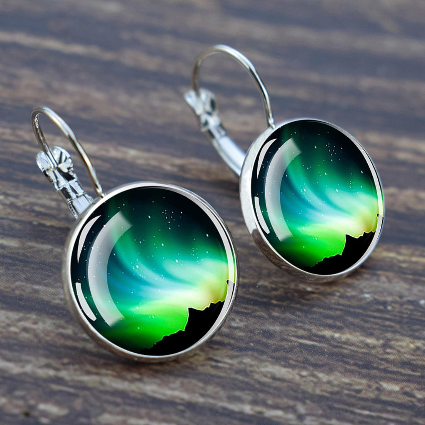 Luminous Aurora Borealis Hook Earrings - Northern Lights Jewelry - Unique Glass Cabochon Drop Earrings - Perfect Aurora Lovers Gift