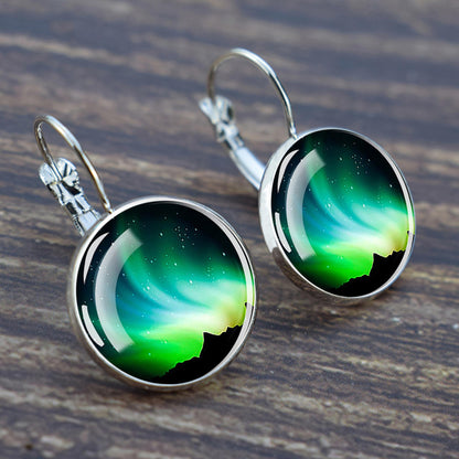 Luminous Aurora Borealis Hook Earrings - Northern Lights Jewelry - Unique Glass Cabochon Drop Earrings - Perfect Aurora Lovers Gift