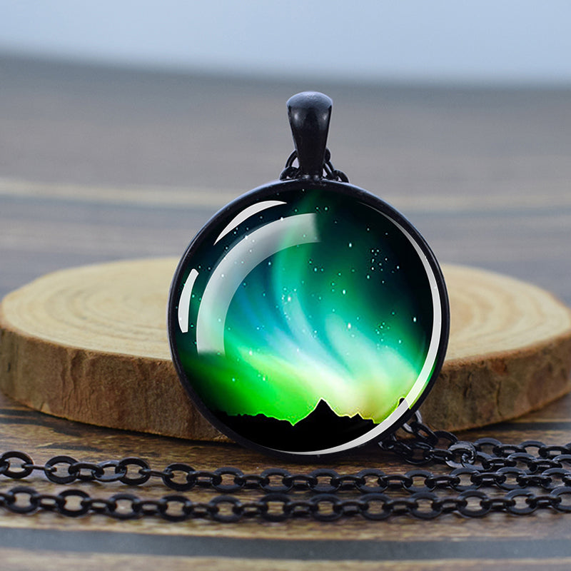 Luminous Aurora Borealis Black Necklace - Northern Light Jewelry - Unique Glass Dome Pendent Necklace - Perfect Aurora Lovers Gift