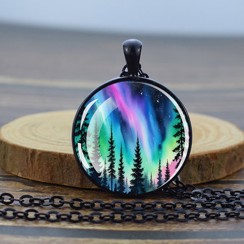 Luminous Aurora Borealis Black Necklace - Northern Light Jewelry - Unique Glass Dome Pendent Necklace - Perfect Aurora Lovers Gift