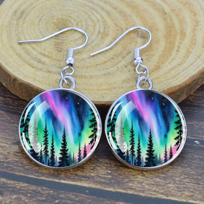 Pendientes colgantes luminosos de aurora boreal - Joyería de aurora boreal - Pendientes colgantes de cabujón de vidrio únicos - Regalo perfecto para los amantes de la aurora