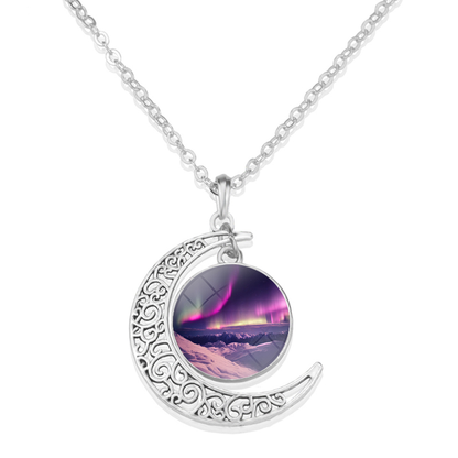 Unique Aurora Borealis Crescent Necklace - Northern Light Jewelry - Crescent Glass Cabochon Pendent Necklace - Perfect Aurora Lovers Gift 2