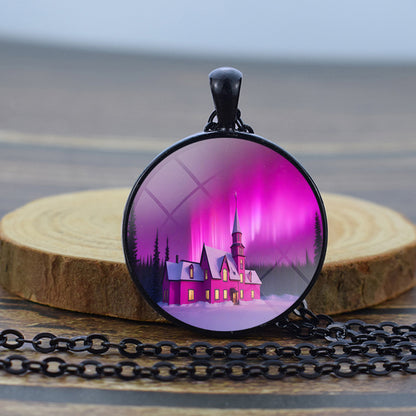 Luminous Aurora Borealis Black Necklace - Northern Light Jewelry - Unique Glass Dome Pendent Necklace - Perfect Aurora Lovers Gift