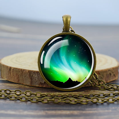 Luminous Aurora Borealis Bronze Necklace - Northern Light Jewelry - Unique Glass Dome Pendent Necklace - Perfect Aurora Lovers Gift