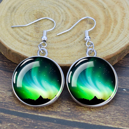 Lýsandi Aurora Borealis dropaeyrnalokkar - Northern Lights Skartgripir - Einstakir Cabochon Dangle eyrnalokkar úr gleri - Fullkomin Aurora Lovers gjöf