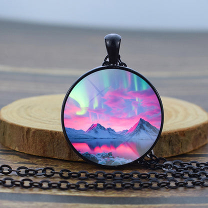 Luminous Aurora Borealis Black Necklace - Northern Light Jewelry - Unique Glass Dome Pendent Necklace - Perfect Aurora Lovers Gift