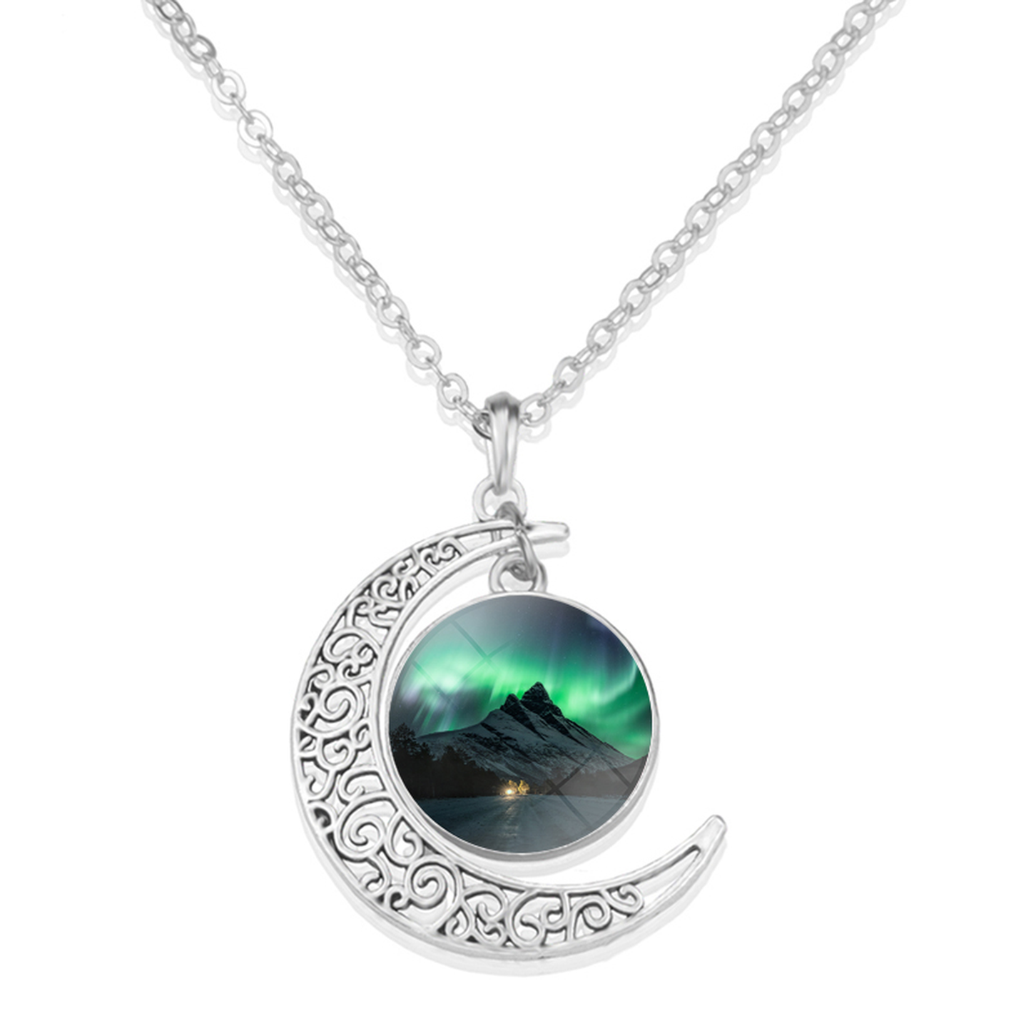 Unique Aurora Borealis Crescent Necklace - Northern Light Jewelry - Crescent Glass Cabochon Pendent Necklace - Perfect Aurora Lovers Gift 6