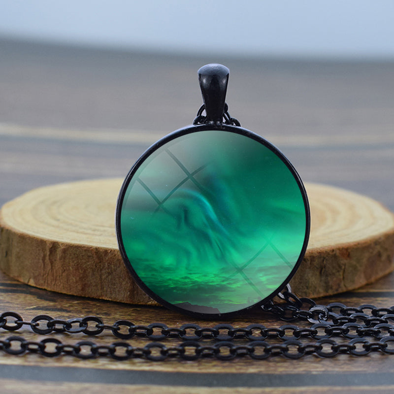 Luminous Aurora Borealis Black Necklace - Northern Light Jewelry - Unique Glass Dome Pendent Necklace - Perfect Aurora Lovers Gift