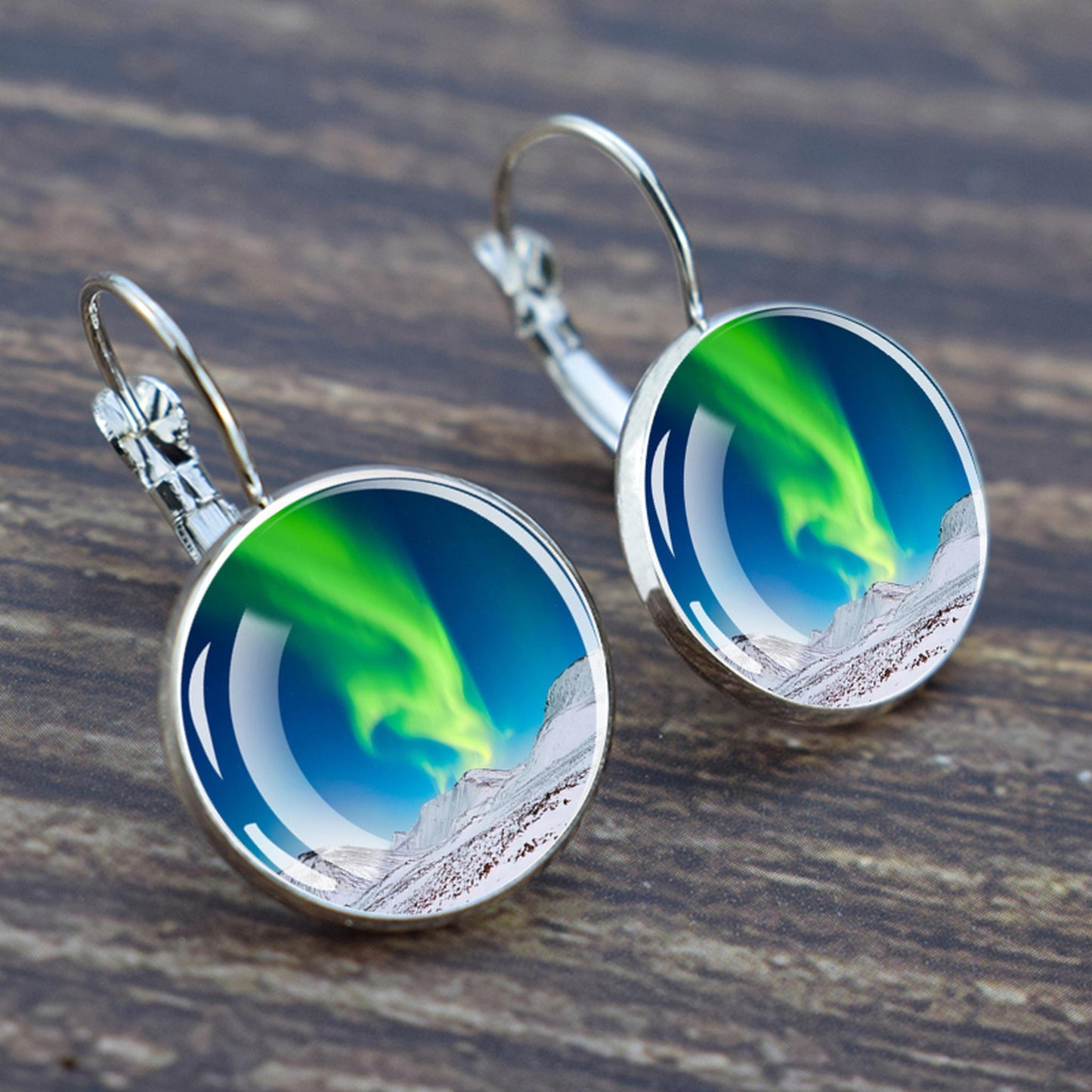 Luminous Aurora Borealis Hook Earrings - Northern Lights Jewelry - Unique Glass Cabochon Drop Earrings - Perfect Aurora Lovers Gift