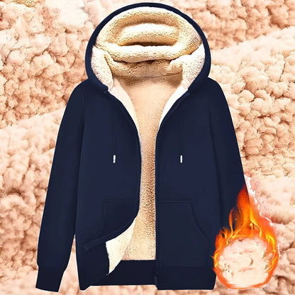 Trendy Sweatshirt Coat Front Pockets Warm Zipper Lamb Wool Jacket  Men and Woman Winter Pure Color Plush Lined Cardigan Hoodie