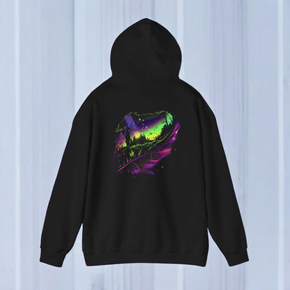 Aurora Borealis Unisex Heavy Blend™ Hooded Sweatshirt (Back design) - Northern Lights Arctic Feather Character Magical Night Starry Sky Field Tree Nature Adventure - Autumn Fall T-shirt - Aurora Gift