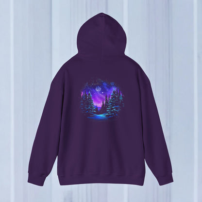 Aurora Borealis Unisex Heavy Blend™ Hooded Sweatshirt (Back design) - Northern Lights Arctic Magical Night Starry Sky Forest Tree Snow Snowflake Nature Adventure - Autumn Fall T-shirt - Aurora Gift