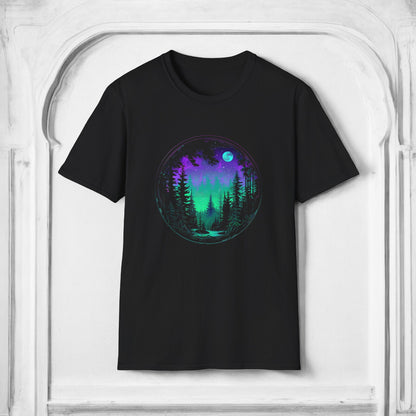 Aurora Borealis Unisex Softstyle T-Shirt - Gildan 64000 - Northern Lights Arctic Magical Night Starry Sky Moon Forest River Nature Adventure - Autumn Fall T-shirt - Aurora Gift