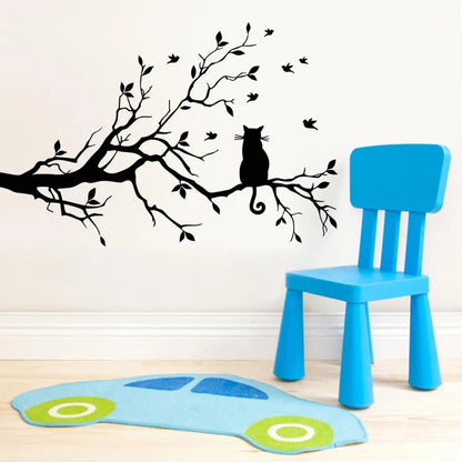 Autocollant mural chat sur branche d'arbre, papier peint sculpté à la main, pour salon, arrière-plan de canapé, chambre à coucher, décoration de la maison, sparadrap animaux