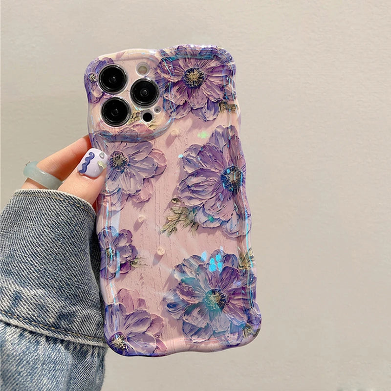 Laser Blue Light Flowers Phone Case For iPhone 15 Pro Max 11 12 13 Pro Max 14Pro 13Pro Luxury Shockproof TPU Soft Silicone Cover