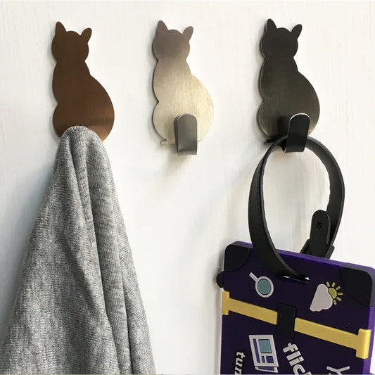 2pcs Cat Pattern Self Adhesive Hooks Storage Holder for Bathroom Kitchen Hanger Stick on Wall Hanging Door Clothes Towel Racks