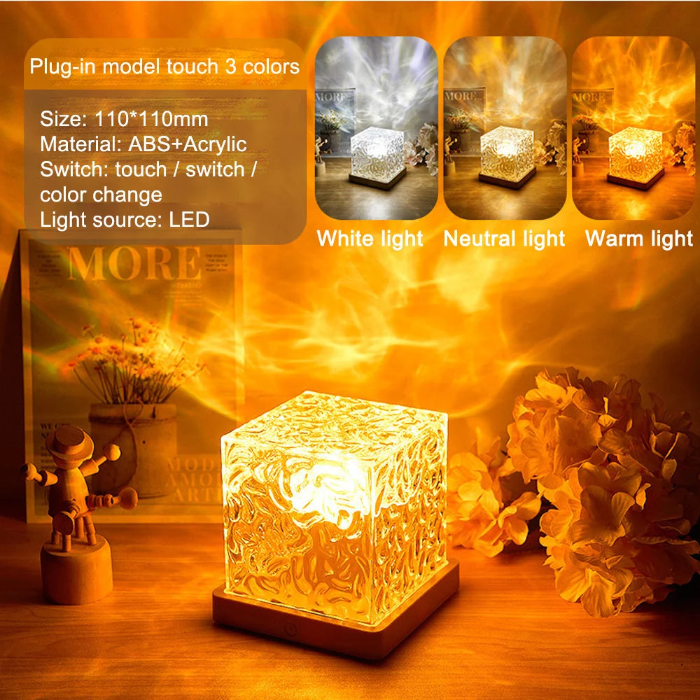 Water Ripple Ambient Night Light, Creative Bedside Lamp, Flame Aurora Borealis Romantic Dynamic Rotating Decorative Light