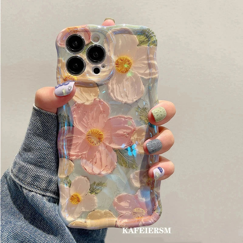 Laser Blue Light Flowers Phone Case For iPhone 15 Pro Max 11 12 13 Pro Max 14Pro 13Pro Luxury Shockproof TPU Soft Silicone Cover