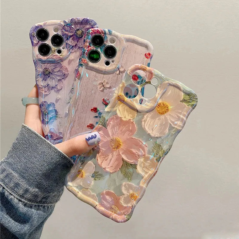 Laser Blue Light Flowers Phone Case For iPhone 15 Pro Max 11 12 13 Pro Max 14Pro 13Pro Luxury Shockproof TPU Soft Silicone Cover