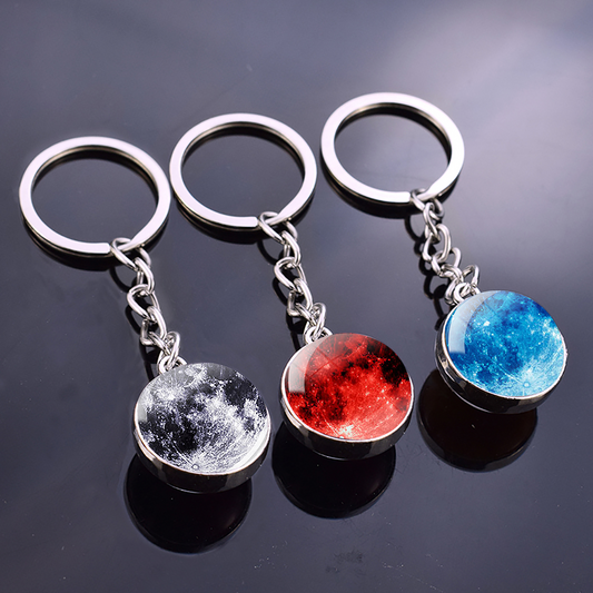 Porte-clés lumineux en croissant de lune complet, bijoux ciel étoilé de nuit, porte-clés boule de verre Double face, cadeau parfait pour les amoureux de la lune